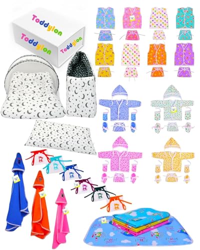 Image of Toddylon 56 in 1 New Born Baby Products All Baby Bedding Set | Baby Clothes | Gift Packs | Hospital Kit | Essentials Items | Infants Combo (0-6 Months)