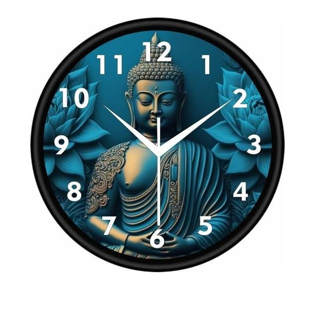 Buddha Blue Wall Clock Round Analog Silent Sweep Home Decor Stylish Decorative Clock Black Free Size-image-28