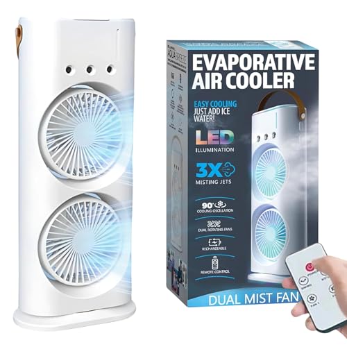 Image of Drumstone - ๐๐-๐๐๐๐ซ ๐๐๐ซ๐ซ๐๐ง๐ญ๐ฒ Portable Dual Head Cooling Fan with Humidifier 180 Rotating Mini Fan 3 Speeds LED Light USB Rechargeable for Bedroom Office Car Dorm