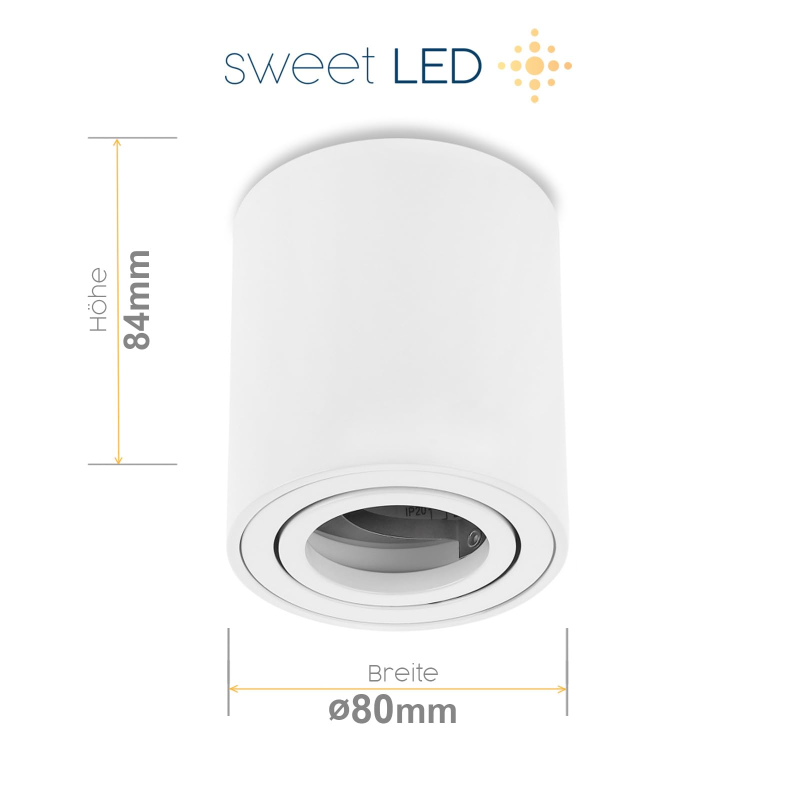Sweet Led - Reflektor do zabudowy biały, natynkowy reflektor GU10 aluminium Ø 80 x 84 mm wychylny, reflektory sufitowe 5 W, reflektory LED 3000 K ciepła biel, lampa sufitowa 230 V, okrągłe reflektory