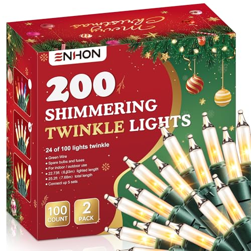 Enhon 2 Pack Twinkling Christmas Lights, 50.8 FT 48 of 200 Random Twinkle Bulbs, Christmas String Lights Connect up to 5 Set, Waterproof Outdoor Indoor Decorations (White)