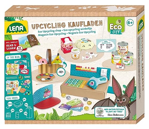 Lena 42837 Eco Upcycling - Kit per la creazione di imballaggi riciclati per creare il proprio supermercato, kit creativo per bambini dai 6 anni in su
