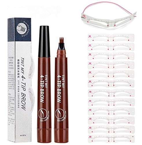 Tattoo Eyebrow pencil pen Waterproof with Eyebrow stencil shaper Kit 12 Styles Extremely Creates Natural Looking Brows Effortlessly All Day (Red Brown)