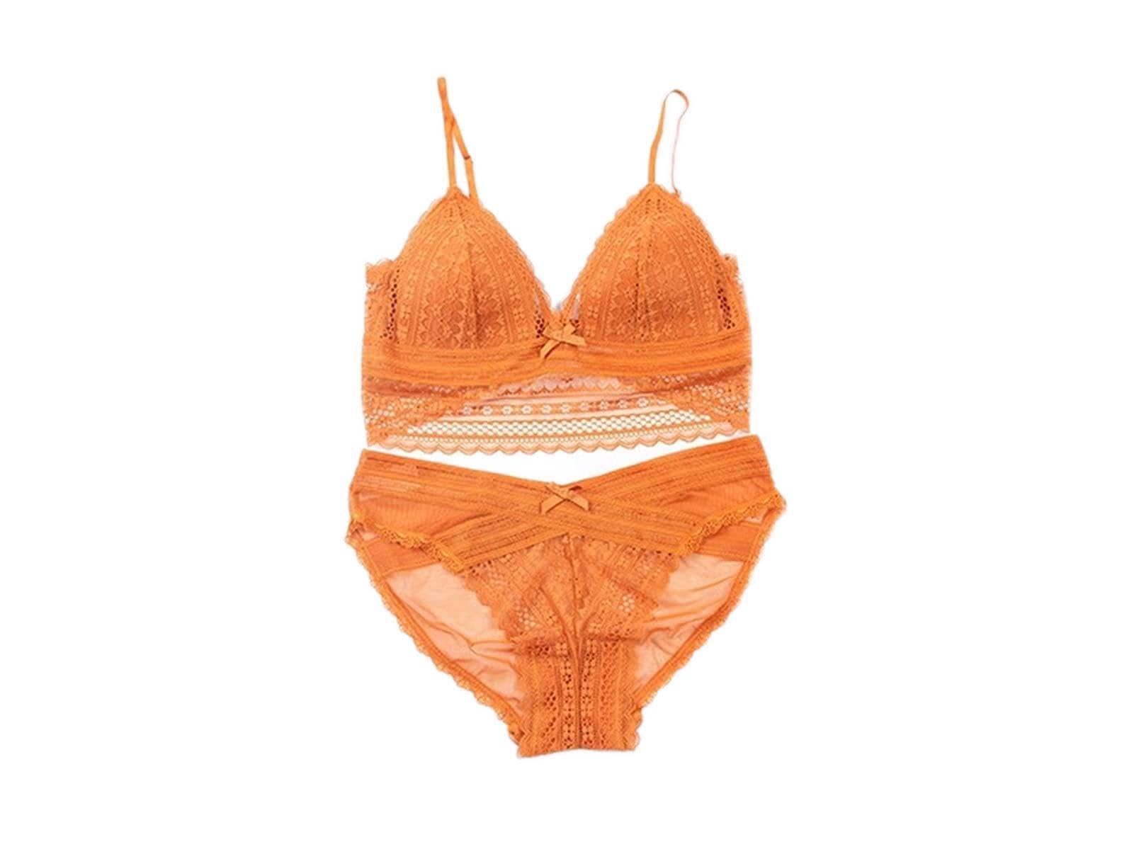 Bielizna Koronkowa biustonosz typu bralette z niskim tyłem + stringi Bielizna nocna Dwuczęściowy zestaw bielizny bandażowej (kolor: zielony, rozmiar: Xl) (pomarańczowy S)