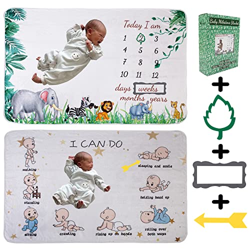 Image of vmaisi Baby Milestone Blanket Gifts - Newborn Boy & Girl Monthly Year Infant Growth Blankets Nursery Swaddling Blankets (Green Animals - Baby, Double Printed)
