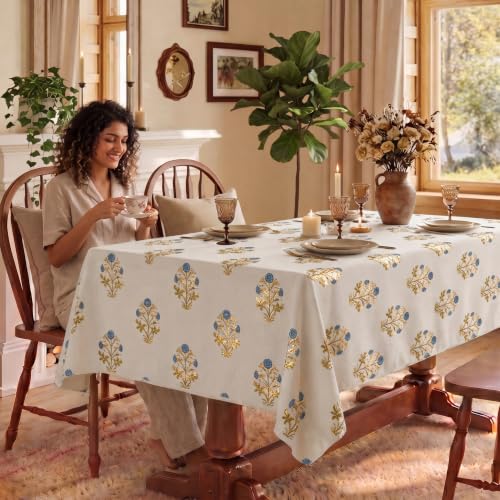 Image of Urban Space 100% Cotton Dining Table Cover for 6 Seater, Gold Foil Printed Cotton Table Cloth for Center Table, Dining Room Table Cover (Size 48 inch x 92 inch - 6 Seater, Zari Blue Gold)