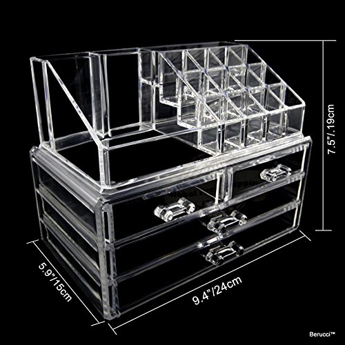Berucci™ Clear Acrylic Jewelry Makeup Cosmetic Organizer Holder Storage – Two Piece Set with Four Bottom Drawers and Rectangular Top Design