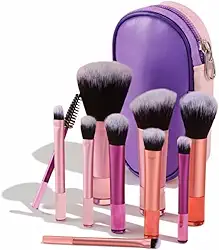 Kit 10 Pincéis de Maquiagem Profissional com Estojo – Pó, Base, Blush, Contorno, Sombra, Iluminador e Sobrancelha (Rosa e Roxo)