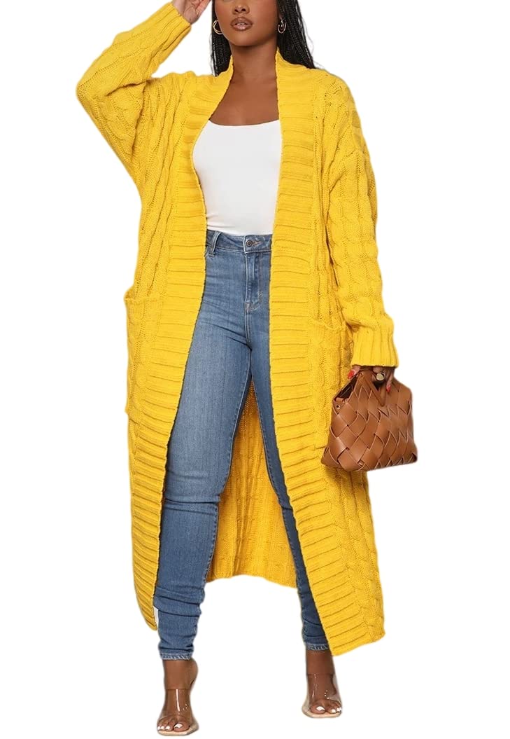Cardigan Lungo Donna In Maglia Grossa – Aperto Davanti, Manica Lunga, Con Tasche, Beige, Taglia L, Vestibilità Comoda