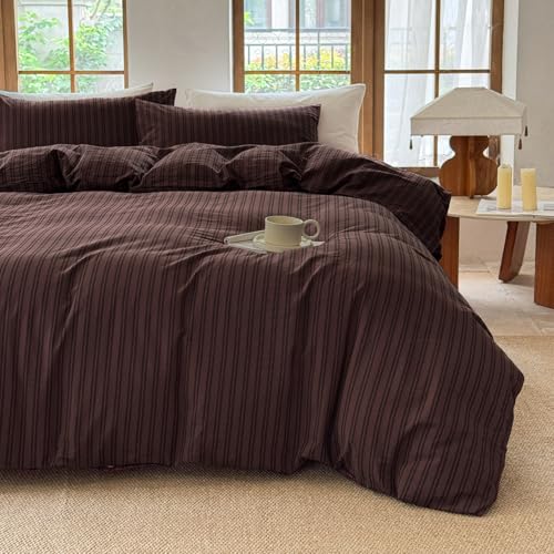 BESTDESIL Striped Duvet Cover Set 100% Washed Cotton Linen Like Soft Feelling Breathable Bedding(Pine Bark Brown/Black Strip Twin)