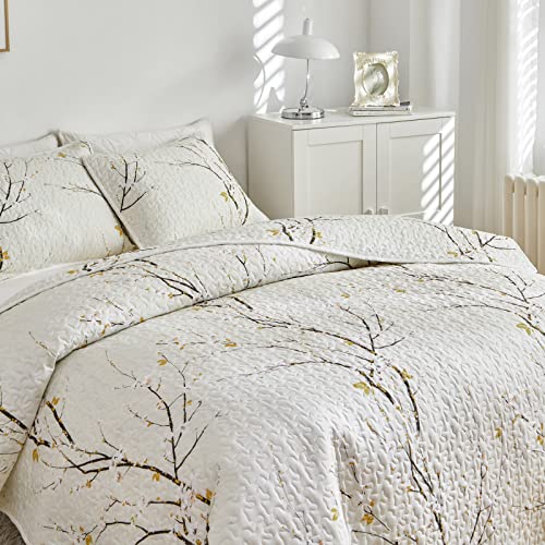 Quilt Set Queen Size Cream White With Black Branch Bedding Set 88X88 Soft Microfiber Lightweight Coverlet Bedspread Summer 3 Pc Bed Cover For (1 Quilt+ 2 Shams) #TOP3