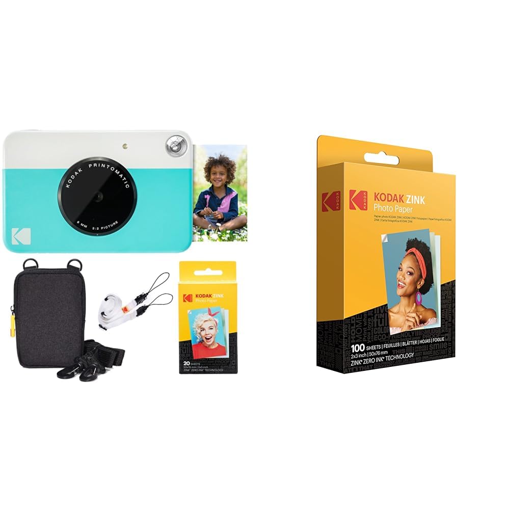 KODAK Appareil Photo Instantané Printomatic Coffret Basique + Papier Zink + boîtier Deluxe + Courroie Confortable à Mettre Autour du Cou & Papier Photo Zink Premium 2x3 Pouces