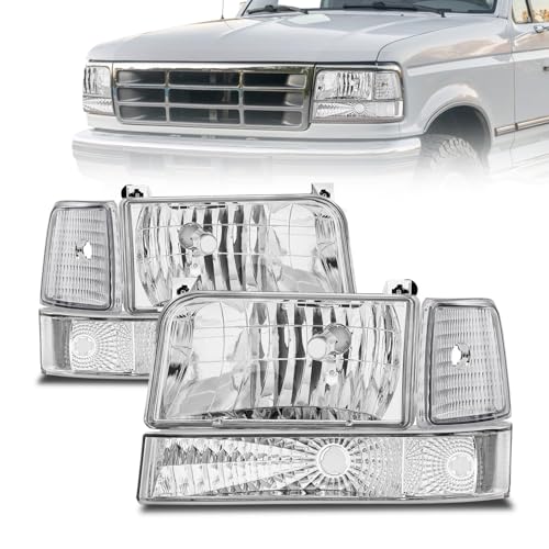 QLLUYTR Headlight Assembly for 1992-1996 Ford F150 F250 F350/Ford Bronco Driver & Passenger Side Chrome Housing OE Replacement (No Bulbs)