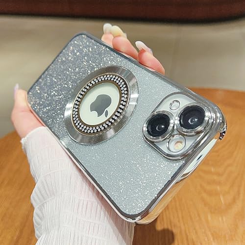 Image of Misscase for iPhone 14 Magnetic Glitter Case Compatible with MagSafe,Full Protection Slim Shockproof Anti-Scratch Case with Camera Lens Protector Logo View Dust-Proof Net for Women Silver
