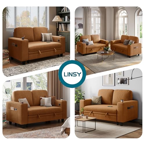 Image of LINSY HOME Loveseat Sofa with Pull Out Couch Chaise: 2-in-1 Convertible 2 Seater Sofa with USB Charging & Cup Holders, Comfy Plush Corduroy Love Seat for Small Spaces Living Room Apartment, Brown