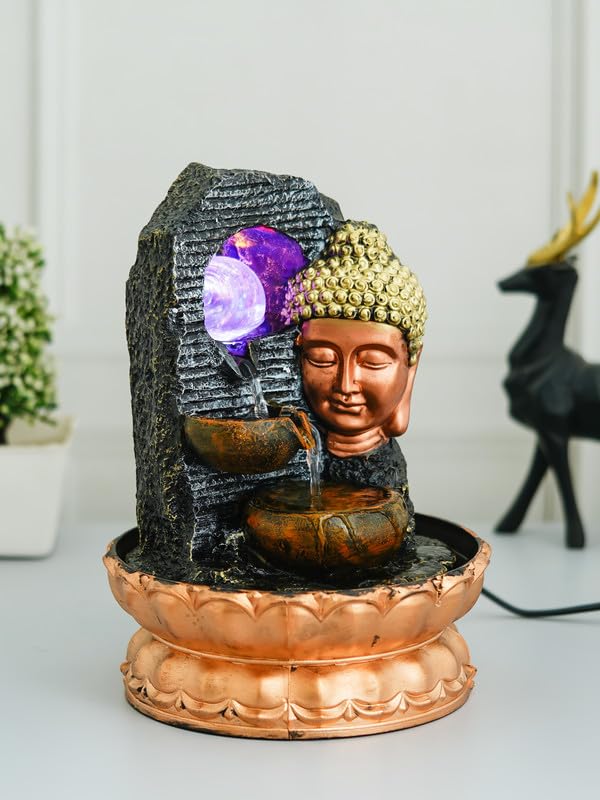Image of Golden Brown Polyresin Tabletop Side Face Buddha Indoor Water Fountain for Home Decor with Multi LED, Speed Control Pump and Crystal Ball (Size: 20 x 22 x 29 CM | Weight: 1120 Gram)