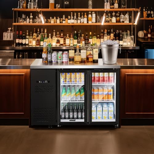 Image of BODEGACOOLER Commercial Back Bar Cooler with 2 Glass Doors,12 Cu.Ft Stainless Steel Commercial Counter Height Bar Refrigerator,Display Drink Beverage Beer Fridge LED Lighting,SUS304 Top,4 Casters
