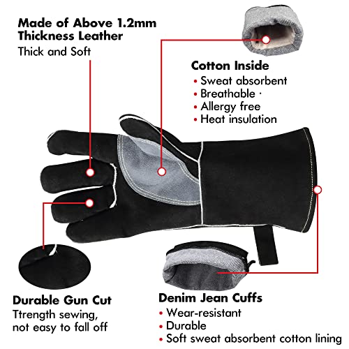 Manusage Welding Gloves,14 Inches Leather Welding Gloves 932℉ Heat Resistance, Mitts For Oven Grill Furnace Stove Tig Mig, Animal Handling Glove With Long Sleeve, Leather Palm Lining Gloves, Black #TOP1