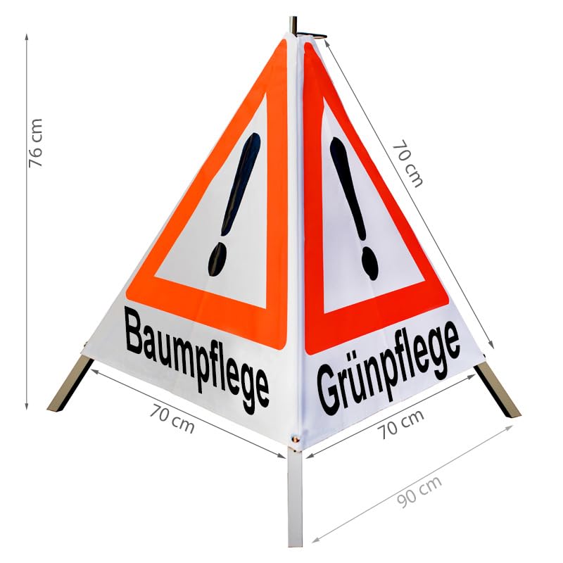 Warnpyramide/Faltsignal - Mäharbeiten/Baumpflege/Grünpflege - VZ101-Ausrufezeichen (1 - tagesleuchtend weiß, 70 cm leicht mit Mittelfuß)