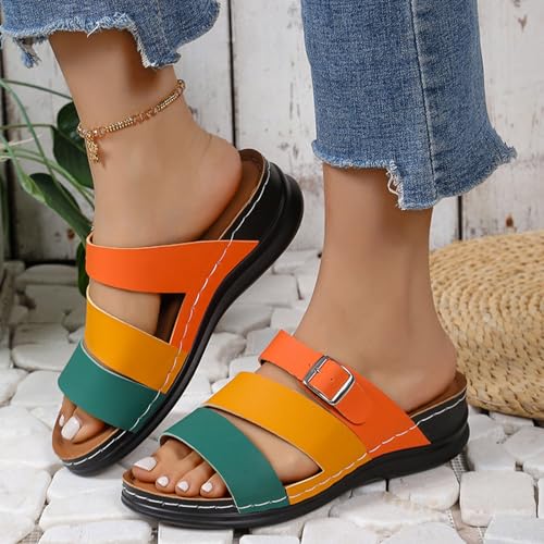 Women's Colorblock Slides Sandal Summer Low Wedge Slip on Walking Beach Slippers Comfort Sandals 20254