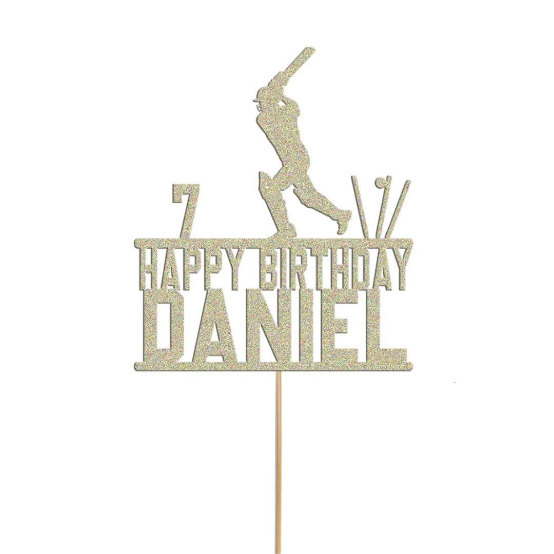 Personalised Cricket Cake Topper | Custom Name & Age | Birthday Party Decoration | Cricket Theme Cake Topper for Boys & Girls | Glitter Acrylic Cake Topper for Sports Parties (Champagne Gold)