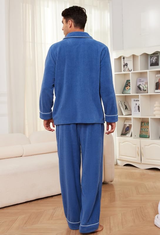 Vulcanodon Mens Fleece Pajama Set, Soft Warm Long Sleeve Sleepwear with Pockets Cozy Button-Down Pjs for Men - Image 3