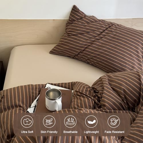 Image of Duvet Cover Set Twin Size Brown Striped Bedding Set for Girls Boys,Modern Back to School Duvet Cover Kids with Zipper Closure and 1 Pillowcase
