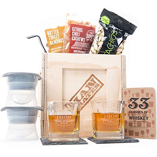 Personalized Whiskey Crate by Man Crates – Includes 2 Personalized Heavy-Bottom Rocks Glasses, 2 Ice Sphere Molds, 2 Slate Coasters, Drinking Journal and More – Drinking Gift For Men