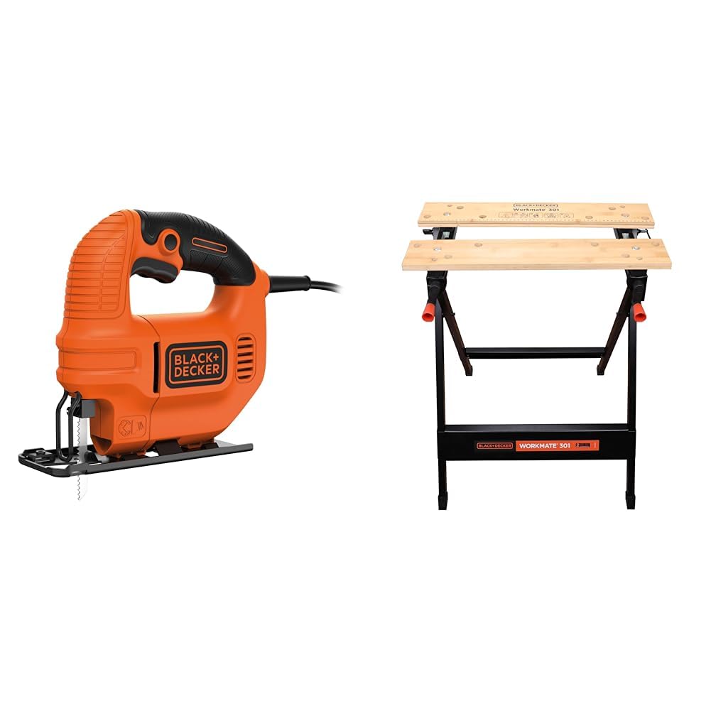 BLACK+DECKER KS501-QS, Sierra de Calar 400 W, velocidad de 3000 Carreras/Minuto & WM301-XJ Banco de Trabajo WORKMATE, Sistema de Doble Manivela, Función Plegable