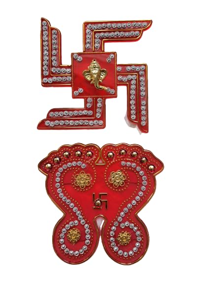 Padam Enterprises Hand Crafted Red Laxmi Charan And Swastik Stickers With Studded Stones Floor or Wall Decoration (Style)