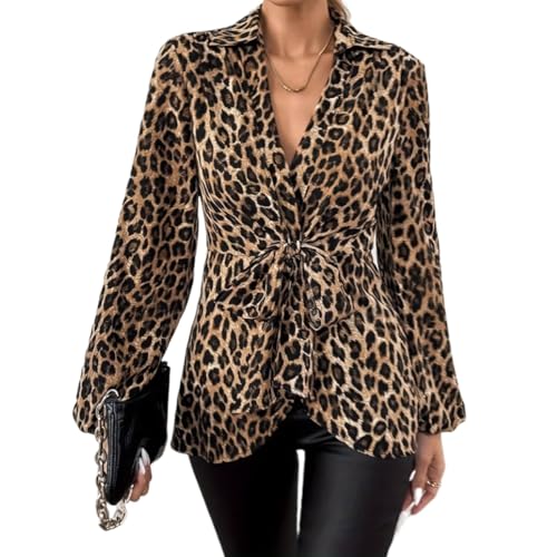Women's Leopard Print Blouse Long Sleeve V Neck Tie Front Lapel Collar Top Trendy Blouse Shirt Versatile Blouse Y2K