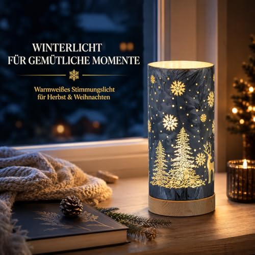 formano LED Tischlampe Deko Winterblau Stimmungslicht Zylinder 20 cm mit Holzsockel, Farbglas in geeister Optik, warmweißes LED Licht mit 6/18 Std. Timer für Herbst Weihnachten Fensterbank – Bild 2