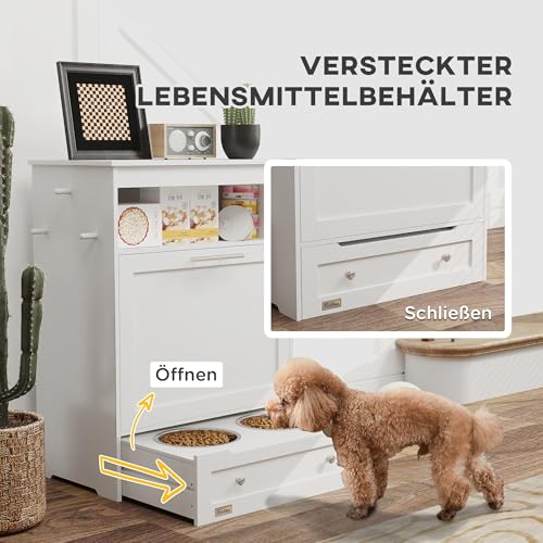 PawHut Haustier-Futterschrank Futterschrank Hund mit Lagerschrank, 2 Edelstahlnäpfen, 3 Haken, Schublade, Futterstation mit offenem Fach, Kipptür, Hundefutterstation für Hunde, 61 x 35,5 x 82 cm Weiß