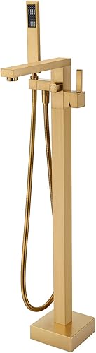 Wowkk Grifo de bañera independiente, relleno de bañera dorado cepillado, montaje en suelo, grifos de baño de latón de una sola manija con ducha de