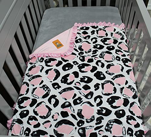 Image of Dear Baby Gear Custom Print Baby Blanket - Double Layer Infant Blanket - Toddler Blankets - Great Size for a Crib, Stroller or Car Seat - Pink and Black Cheetah, Pink with Ruffles, 43 inch x 33 inch