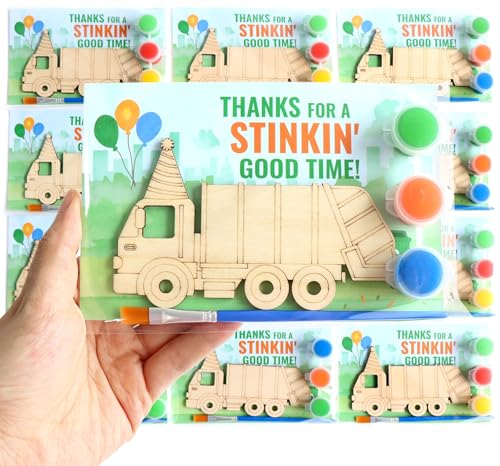 12 Pack Garbage Truck Party Favors for Kids Individually Wrapped Paint Your Own Wooden Magnet Craft Kits with Thank You Card Trash Day Birthday Supplies for Boys & Girls