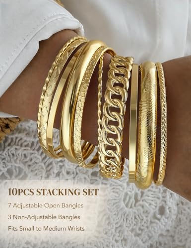 Image of IF ME Gold Bangle Bracelets for Women, Indian Bangles Stackable Set, Multi Layer Textured 18K Gold Plated Chunky Bracelets Boho Jewelrys Set