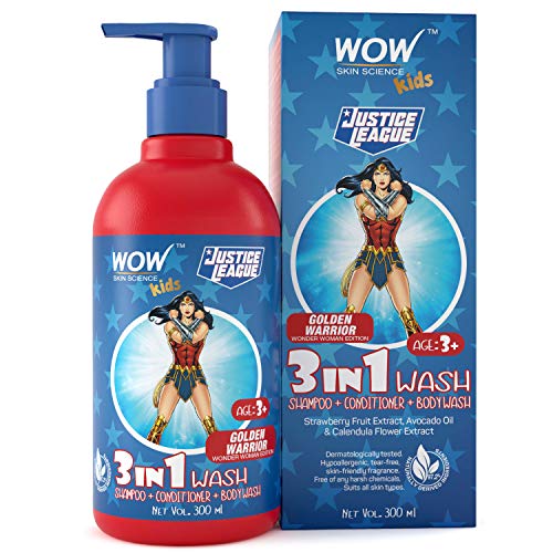 Image of WOW Skin Science Kids 3 in 1 Wash - Shampoo + Conditioner + Body Wash - Golden Warrior Wonder Woman Edition - No Parabens, Color, Mineral Oil, Silicones & Sulphate, 300 ml