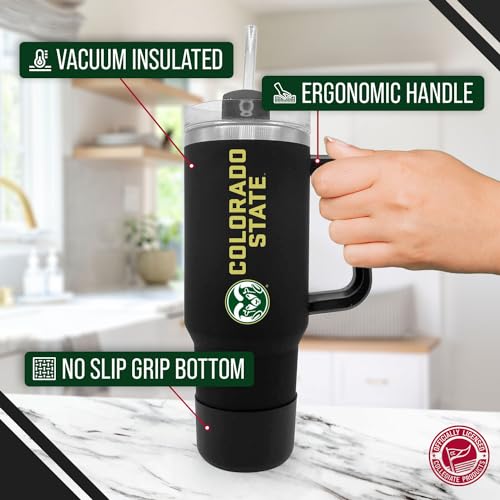 Image of Campus Colors College & University 40 oz Travel Tumbler With Handle - Dual Option Lid With Straw - Vacuum Insulated Stainless Steel (Colorado State Rams - Black)
