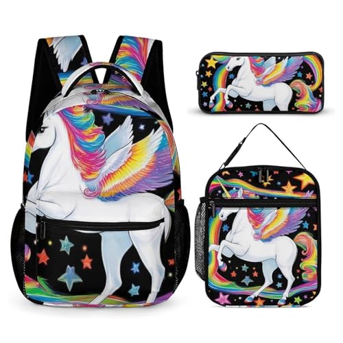 Backpack Lunch Box and Storage Bag Bookbag Set Colorful Space Rainbow Unicorns (4) Backpack Set Daypack with Lunch Bag and Cosmetic Bags