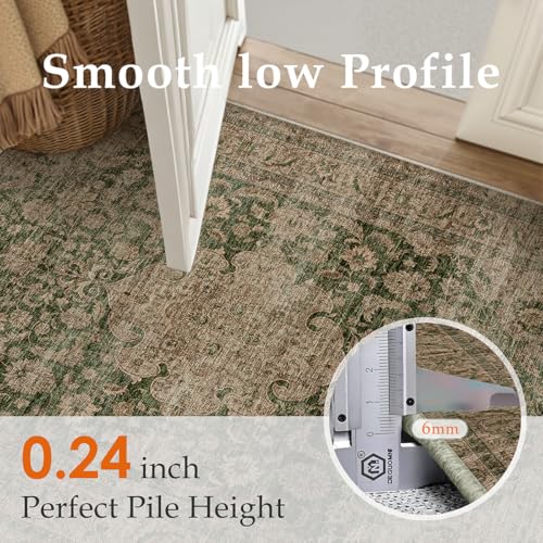 2x6 Washable Green Vintage Runner Rug for Kitchen Hallway Non-Slip Low Pile Soft Thin Carpet Traditional Retro Distressed Accent Throw Rug for Entryway Bathroom Indoor Bedroom
