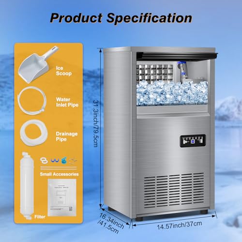 Image of Commercial Ice Maker Machine with 2-Water Inlet Options, 40 lbs Storage Bin, 140 lbs /24H Built in Ice Machine, Stainless Steel Under Counter Freestanding Ice Maker for Home, Bar, and Restaurant