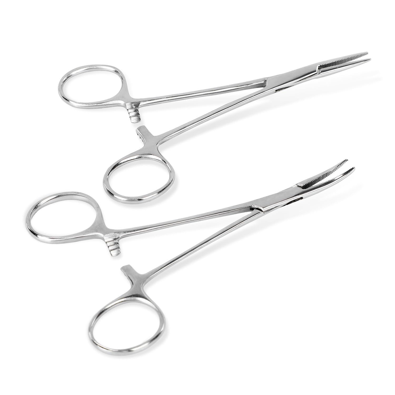 WISEPRO 2 Pcs Piercing Pliers Set - Straight & Curved Clamps, Self-Locking Forceps with Serrated Jaw for DIY, Fishing, Pet Grooming, Suturing - Rustproof Stainless Steel