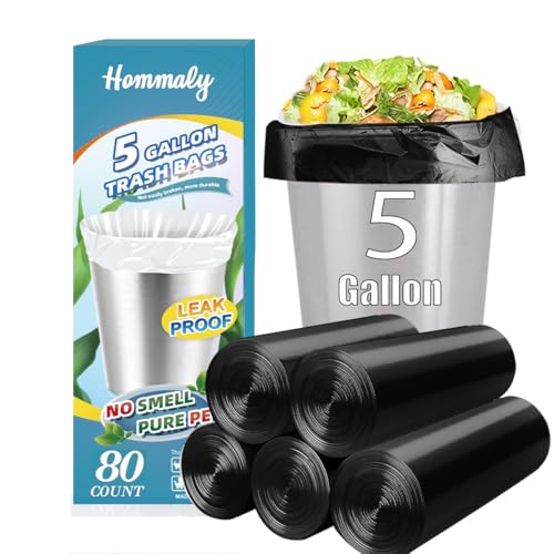 Image of 5 Gallon 80pcs (Fit 4.5-5.3 Gal) Small Black Trash Bags Strong Garbage Bags, 18-20 Liter Bathroom Trash Can Bin Liners, Unscented Plastic Bags for Office Home Kitchen, Waste Basket Liner, 5Gal-Black