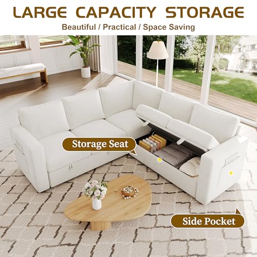 Image of 83.5 inch Sectional Sleeper Sofa with Pull Out Couch, Modern 5 Seat L Shaped Modular Couch, Sectionals Modular Sofa with Storage, Comfy Sectional Couches for Living Room & Apartment,Light Beige
