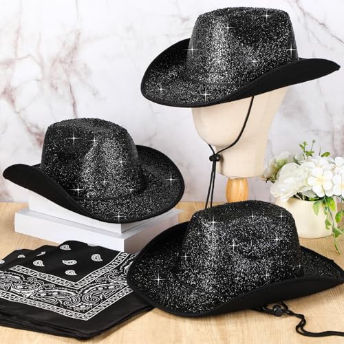 Image of Coume 12 Pcs Sparkly Adults Cowboy Hat and Bandanas Women Men Western Glitter Cowgirl Party Hats with Adjustable Drawstring