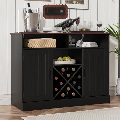 MHOM Farmhouse Coffee Bar Cabinet with Prower Outlets, Rustic Liquor Cabinet with Wine Rack, Wooden...