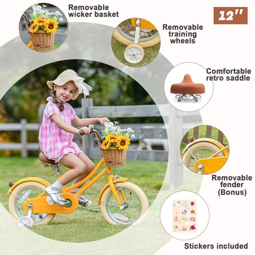 Image of Glerc Little Molly 12-20 Inch Kids Retro Cruiser Bike for 2-13 Year Old with Wicker Basket & Training Wheels /Kickstand, Multiple Colors