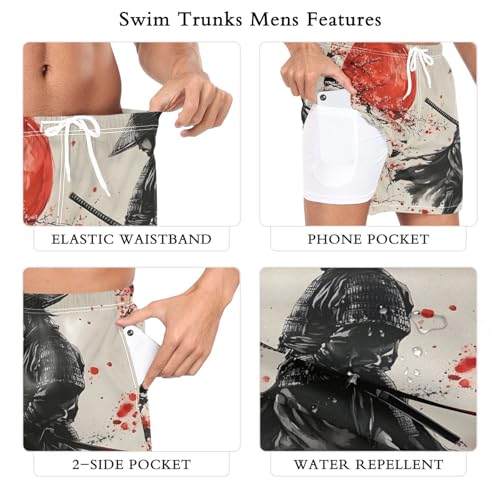 Mens Swim Trunks with Liner, Vintage Japanese Samurai Cool Quick Dry Beach Swim Shorts, Swimwear Bathing Suits S3
