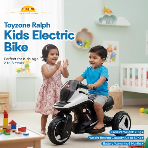 Image of Toyzone Ralph Electric Bike (White) | 6V Rechargeable Bike with 4.5 AH Battery | Music Player with Bluetooth, USB & AUX | 6 Months Battery Warranty | Made in India | for Kids 2-8 Years, Upto 35 Kgs